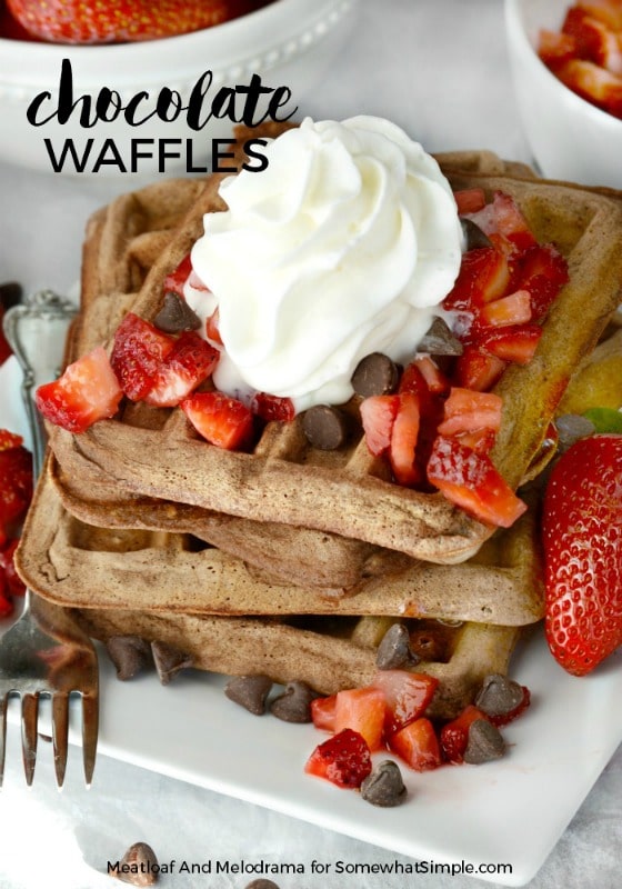 Homemade Chocolate Waffles with fresh Strawberries are easy to make and perfect for a family breakfast or brunch! via @somewhatsimple