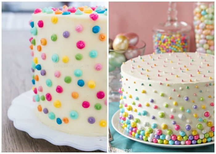 large cakes with white fondant icing that have small brightly colored dots decorating the cake