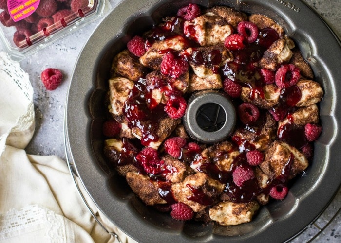 looking down on a pan filled withe raspberry monkey bread