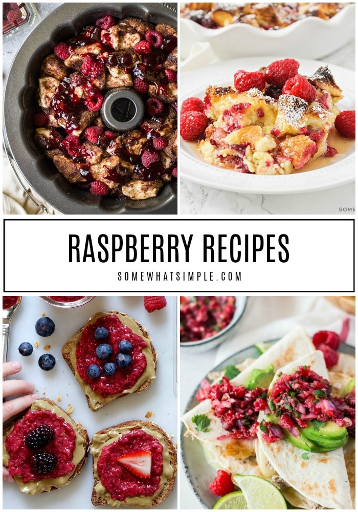 Enjoy the sweet/tart flavor in every bite of our very favorite raspberry recipes. (Your taste buds are going to fall in love!) #raspberryrecipes #raspberrybreakfastrecipes #raspberrydesserts #raspberrydrinkrecipes #raspberrydinnerideas via @somewhatsimple