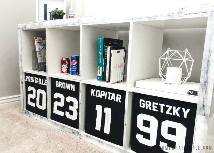 boys hockey room cubby shelf with la kings jerseys