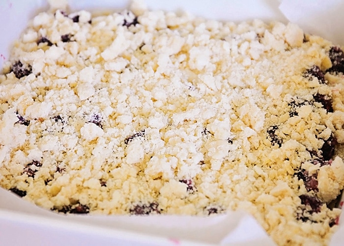 a baking pan filled with freshly baked Blackberry Crumble dessert Bars