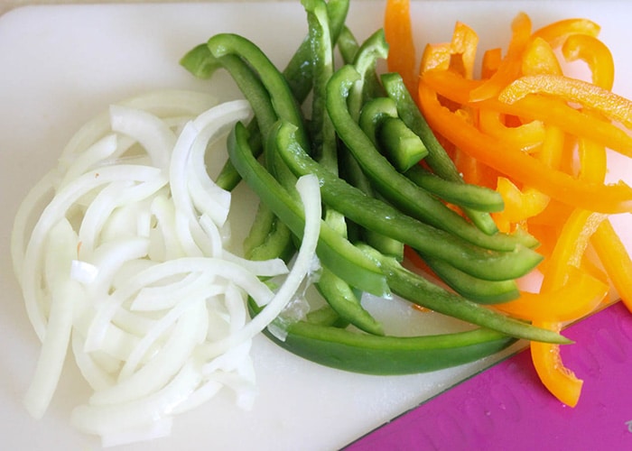 sliced bell peppers and onions