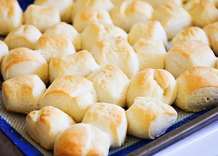 a baking sheet of soft Pretzel Bites that have just been taken out of the oven