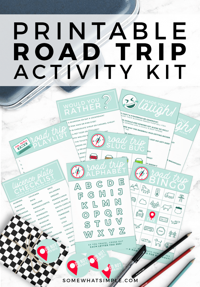 Tired of hearing "Are We There Yet?" on every family road trip?? Then you NEED our darling road trip activities kit! Everything you need to help keep those kids happy, and your sanity intact! #roadtrip #kids #family #vacation #printable #familyactivties via @somewhatsimple