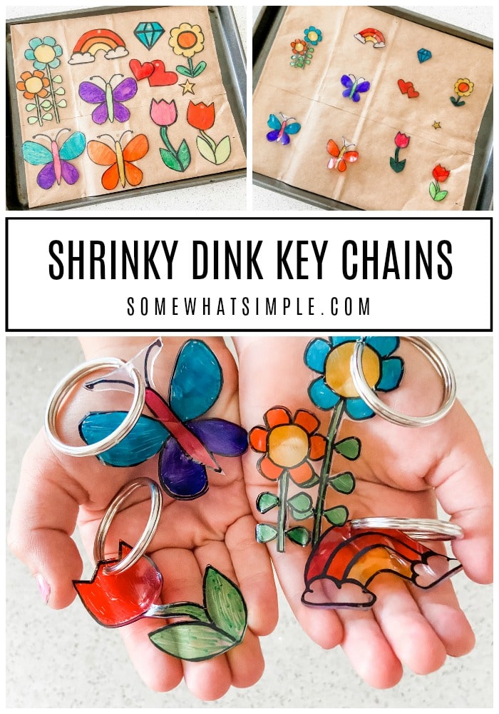 Grab the kids and get ready for an afternoon of creative fun! Shrinky Dink Key Chains are a simple craft that kids (and adults!) love to make! #shrinkydink #keychains #craft #kids #inside #activities via @somewhatsimple