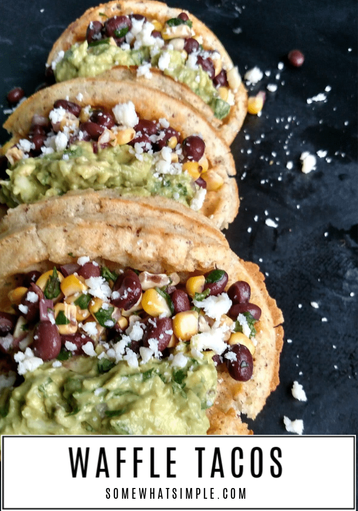 Waffle Tacos are the best of both taco worlds! The crisp edges give it the crunch of a hard shell taco, but the soft inside gives it the chewiness of a soft taco. Everyone gets fed, and everyone is happy! #waffles #tacos #easydinner #vegetarian #glutenfree via @somewhatsimple