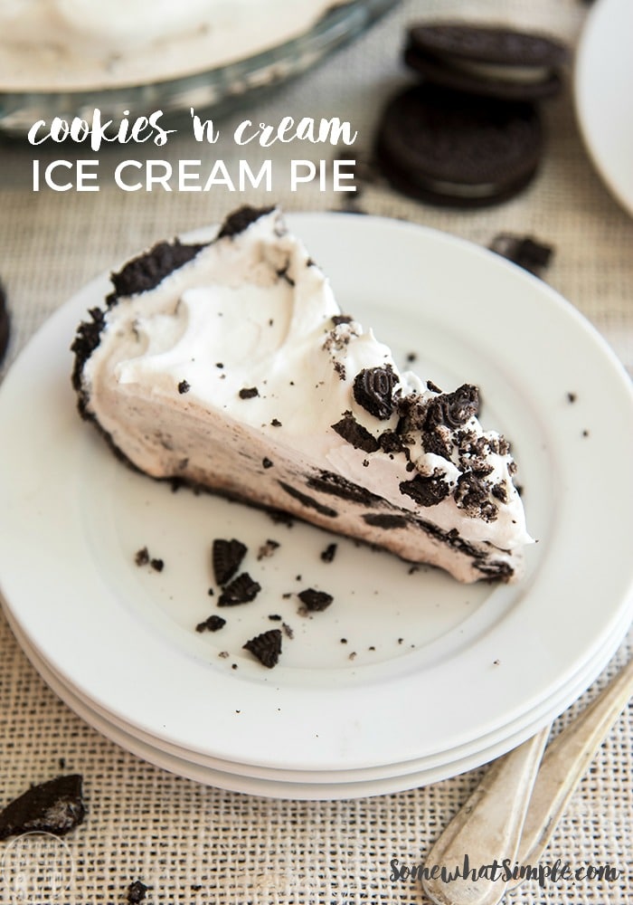 This EASY cookies and cream ice cream pie recipe is made with just 4 ingredients and is absolutely delicious! via @somewhatsimple