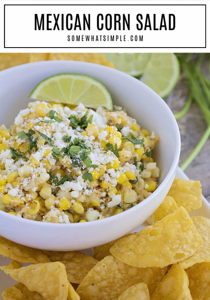 This Mexican corn salad is bursting with fresh juicy corn, cotija cheese, lime, and cilantro. The perfect easy side dish for a summer meal! #mexicancornsalad #mexicancornsaladrecipe #simplemexicancornsalad #howtomakecornsalad #delishmexicancornsalad via @somewhatsimple