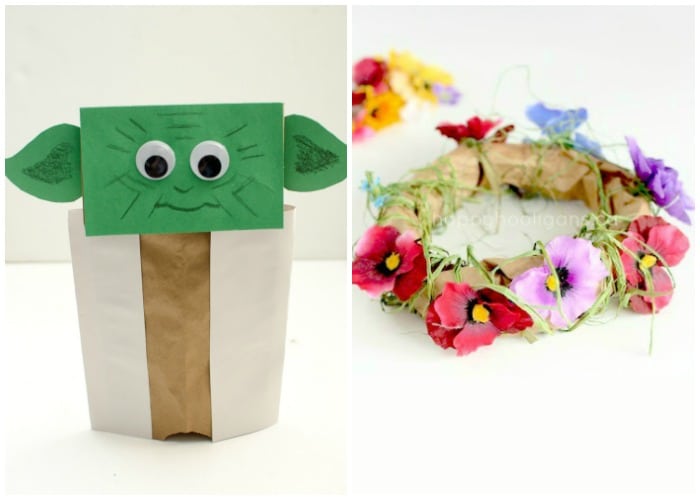 a Yoda Paper Bag Craft and a brown paper bag floral headband for kids