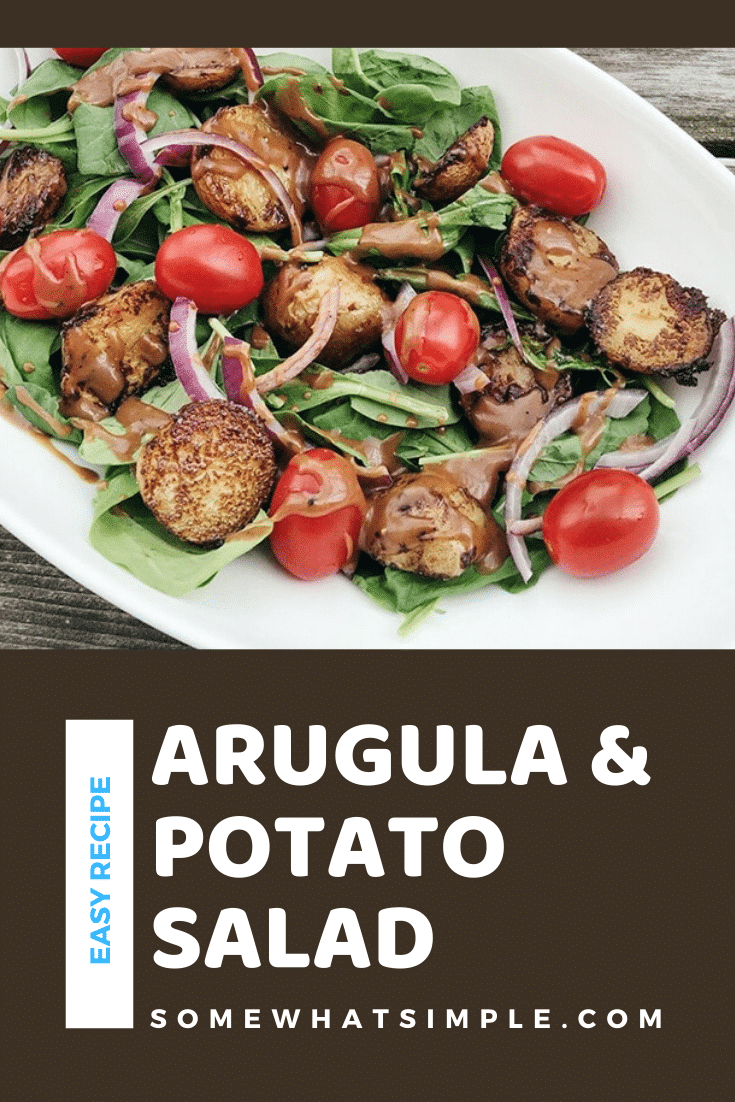This potato arugula salad uses fresh ingredients and is easy to prepare.  It makes a healthy meal or is the perfect compliment for just about any dinner recipe. #summerbbq #bbqsidedish #potatoearugulasalad #summersalad #easysummersalad via @somewhatsimple