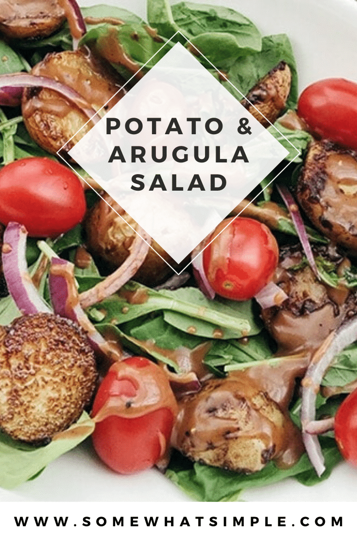 This potato arugula salad uses fresh ingredients and is easy to prepare.  It makes a healthy meal or is the perfect compliment for just about any dinner recipe. #summerbbq #bbqsidedish #potatoearugulasalad #summersalad #easysummersalad via @somewhatsimple