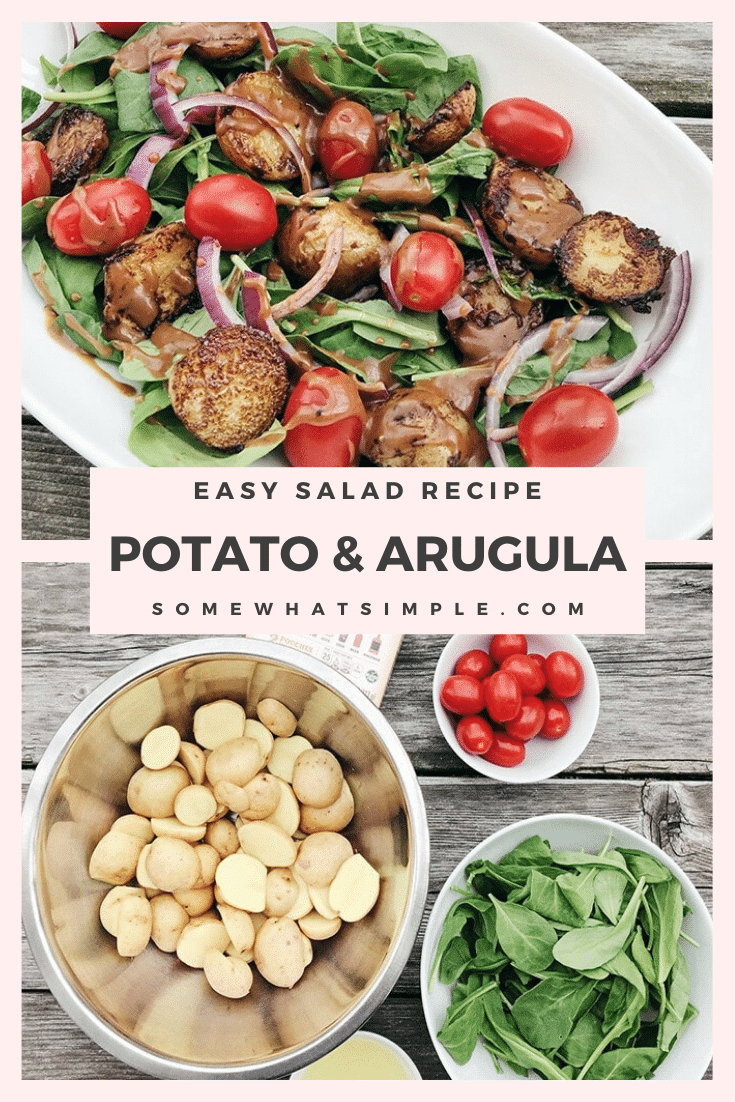 This potato arugula salad uses fresh ingredients and is easy to prepare.  It makes a healthy meal or is the perfect compliment for just about any dinner recipe. #summerbbq #bbqsidedish #potatoearugulasalad #summersalad #easysummersalad via @somewhatsimple