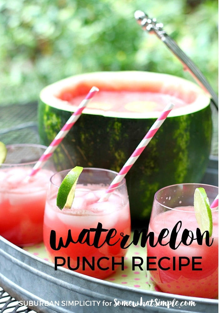 three cups of Watermelon Punch made with this easy Recipe with a watermelon bowl full of watermelon punch in the background.