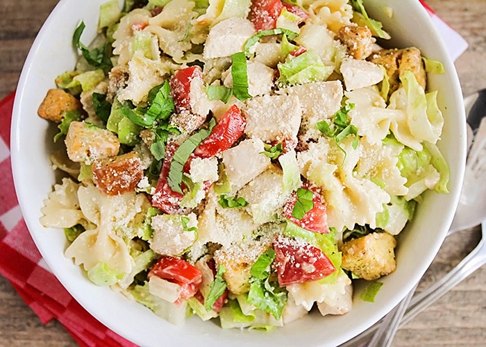 a bowl of Chicken Caesar Pasta Salad