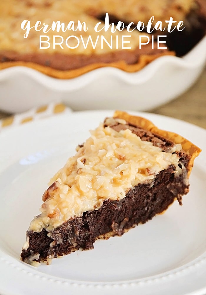 This German chocolate brownie pie is a decadent dessert you're sure to love. With all of the flavors of your favorite cake, but in brownie form, it's will soon be your favorite dessert! via @somewhatsimple