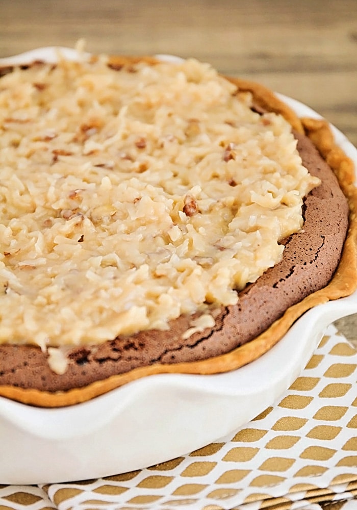 brownie pie topped with a coconut frosting