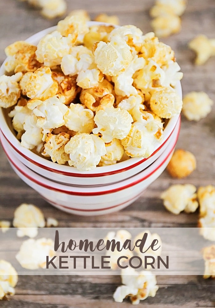 This homemade kettle corn is way better than store-bought and ready in five minutes. You only need four simple ingredients and it's so easy to make, that you'll be enjoying this salty-sweet snack in no time! via @somewhatsimple