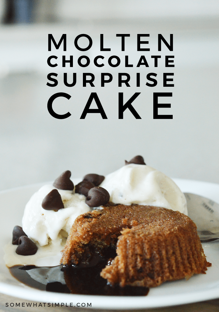 If you're looking for the perfect ooey, gooey, chocolate-y dessert, then you HAVE to make this Molten Chocolate Surprise Cake!! #dessert #dessertrecipes #chocolate #chocolaterecipes #easyrecipe via @somewhatsimple