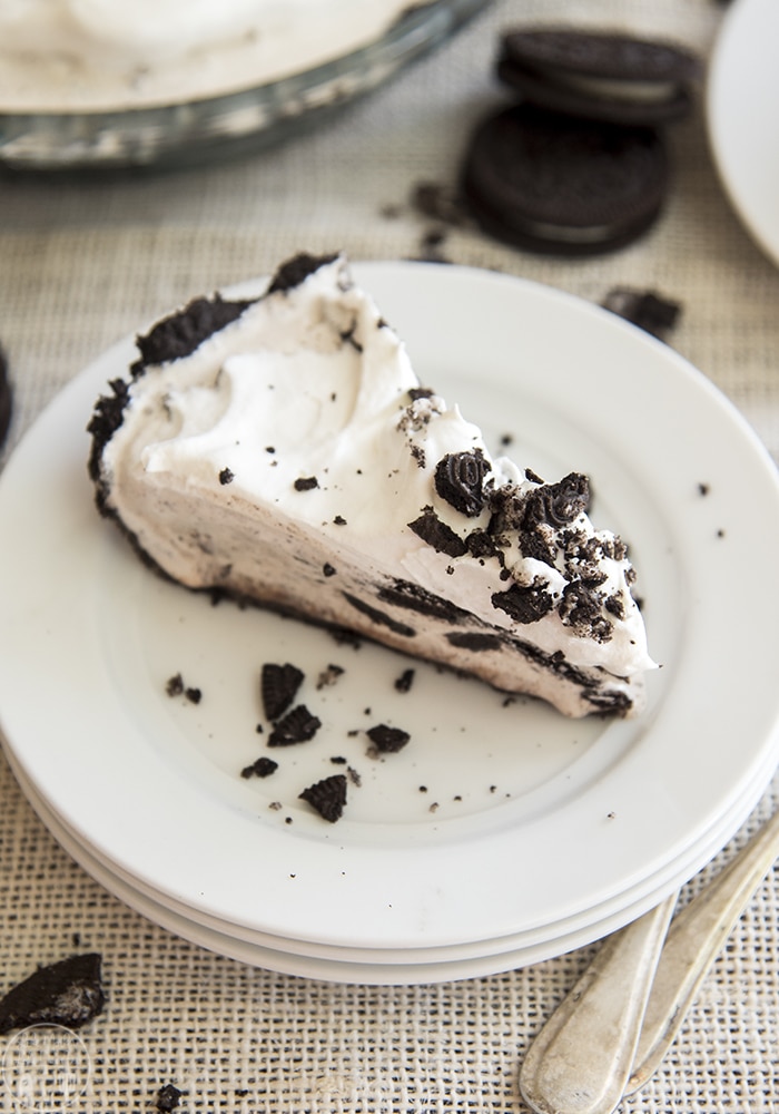 long image of a slice of oreo ice cream pie