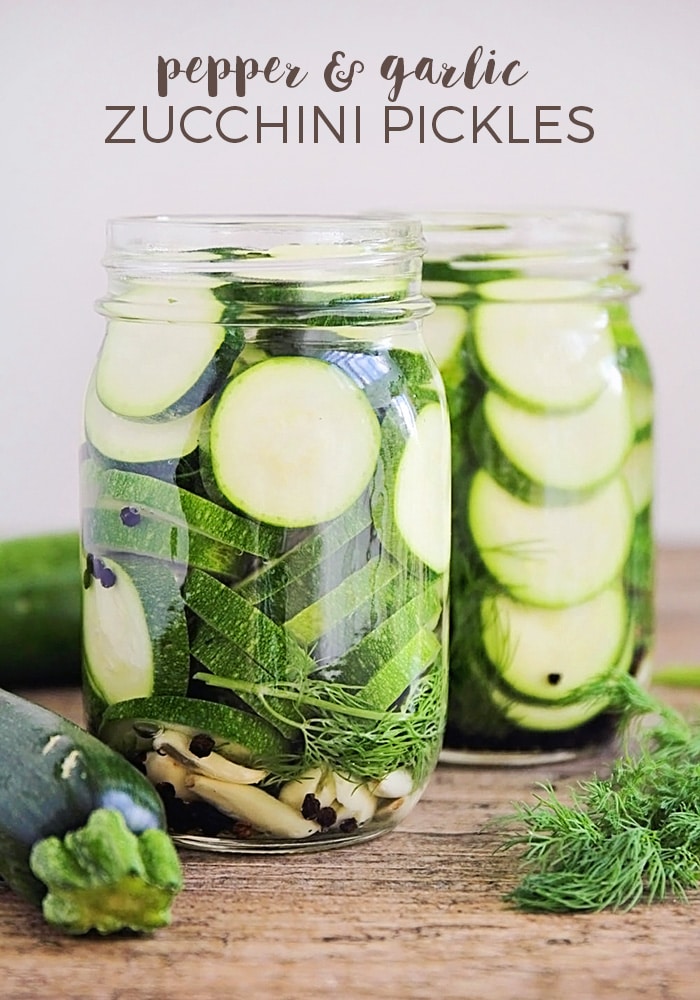 These garlic and dill zucchini pickles are so easy to make and so flavorful. They are a healthy and delicious way to use up all of your summer zucchini bounty! #zucchinipickles #garlicdillzucchinipickles #howtopicklezucchini #healthysnack #zucchinipicklesrecipe via @somewhatsimple