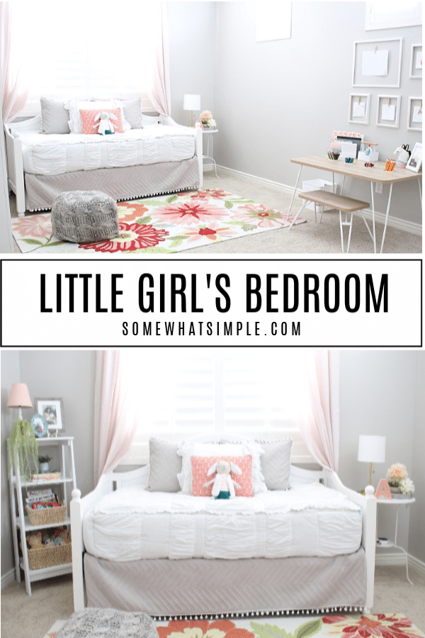 A darling daybed and brightly colored rug, plus a simple art station and reading corner - Addison't Little Girl's Bedroom is the perfect place for her to play, relax, and be creative with her little friends! #littlegirlsbedroom #girlsroom #bedroomdecor #kidsbedroom #daybed #artstation #readingcorner #bedroomideas via @somewhatsimple