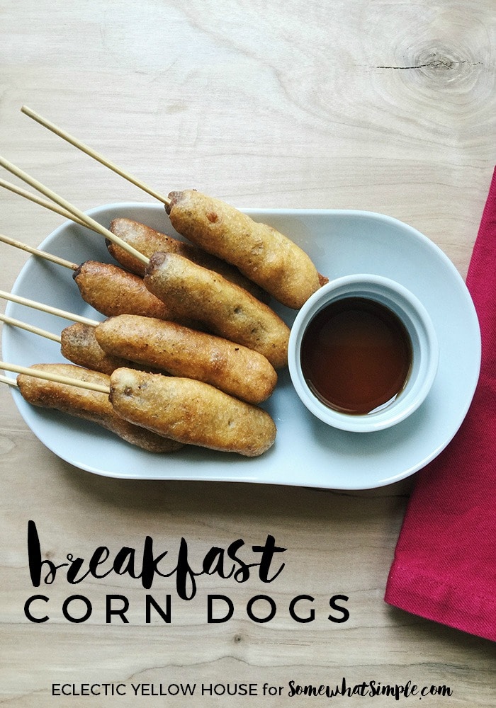 long image of breakfast corn dogs on a serving platter via @somewhatsimple