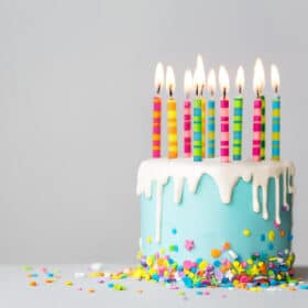 Birthday cake with white drip icing, sprinkles and colorful birthday candles