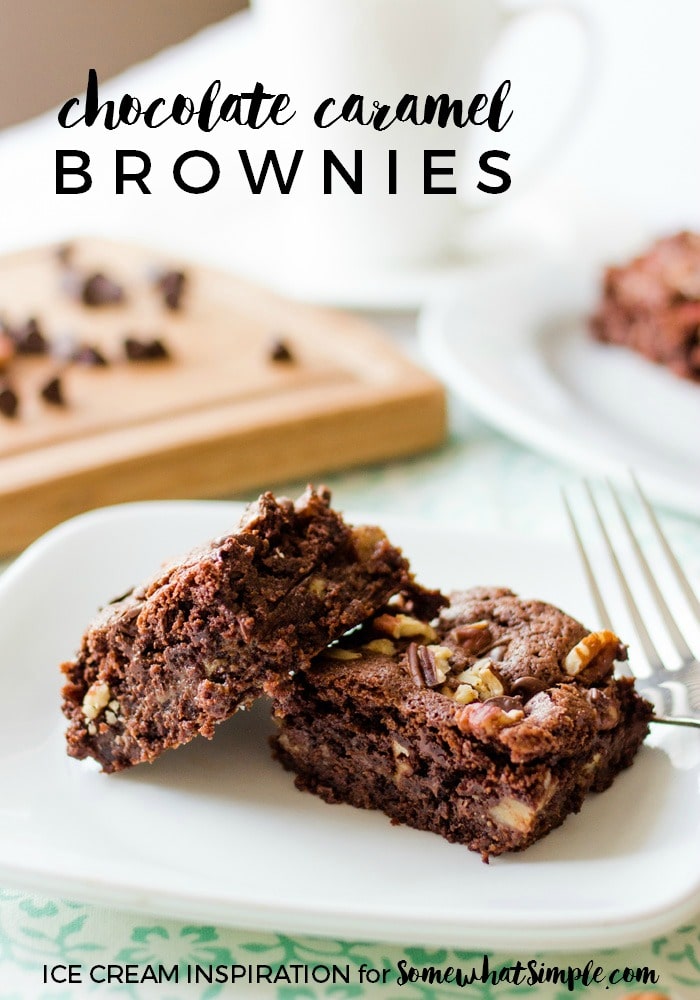 Chocolate and caramel brownies are a match made in heaven. Add pecans and you have unbeatable brownie recipe that are perfect for any occasion! These homemade brownies are made from scratch, so you know they're good. Plus, this recipe is so easy to make too! via @somewhatsimple