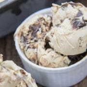 chocolate peanut butter ice cream sccops in a white dish