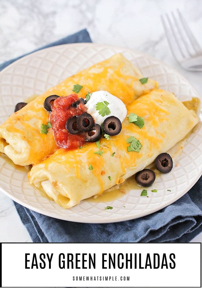 These Green chili chicken enchiladas are one of my family's very favorite dinners! They are easy to make and use just a few ingredients that are easy to keep on hand. via @somewhatsimple