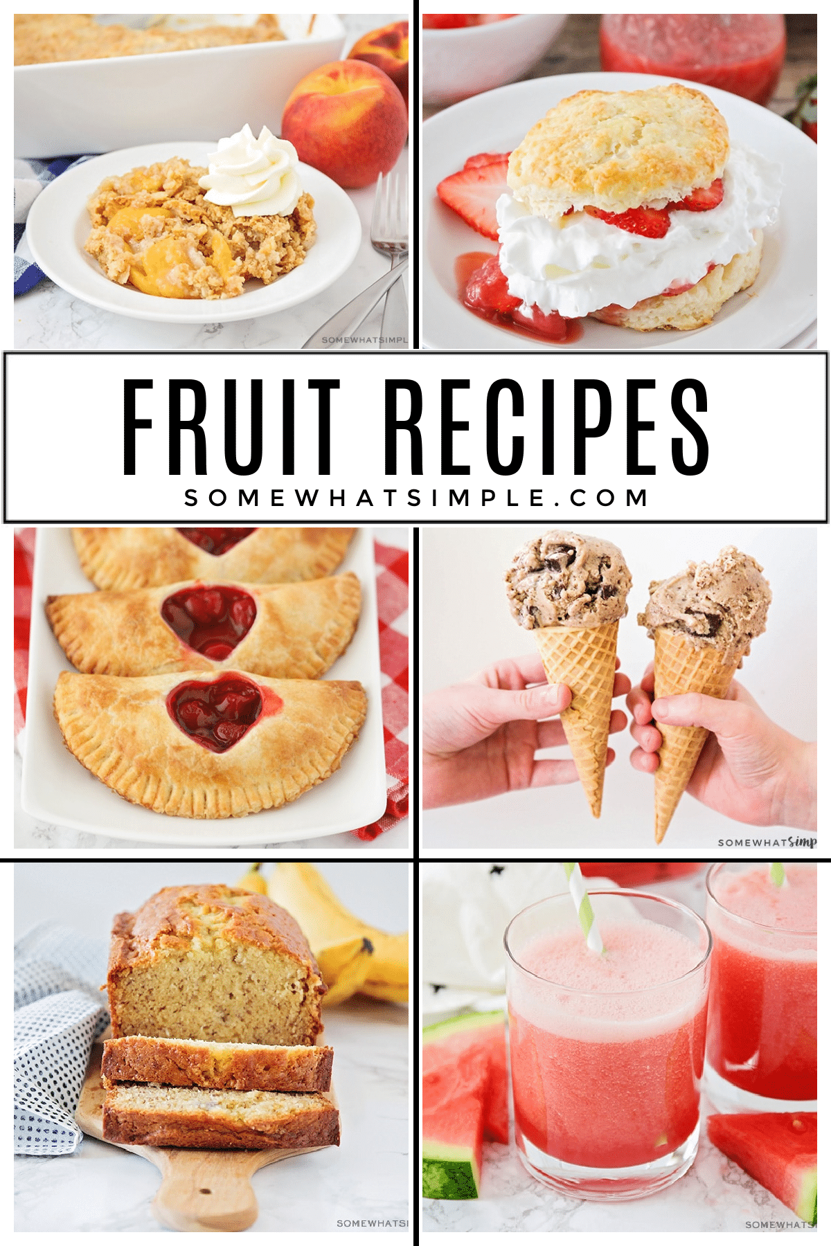 Fruit salads, fruit smoothies, fruit baked goods, and MORE! Here is a list of over 100 favorite fruit recipes that will use up your ripe fruits before they go bad! via @somewhatsimple