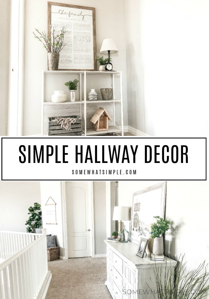 Turn your empty hallway into a fresh and functional living space! Today we're talking about Hallway Decorating Ideas and how to freshen up a space with a little bit of color! #hallway #decor #decoratingideas #hallwaydecor via @somewhatsimple