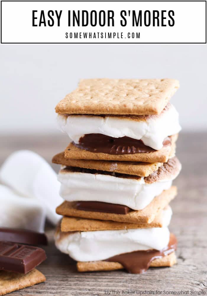 No fire pit? No problem! Indoor S'Mores make the perfect little snack, or they can be made by the dozens to serve at your next celebration! These indoor s'mores are easily made in your oven and are ready to enjoy in just minutes. There's nothing better than this classic chocolate and marshmallow dessert recipe. via @somewhatsimple