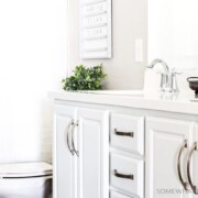 a kids bathroom that has white cabinets with nickle hardware