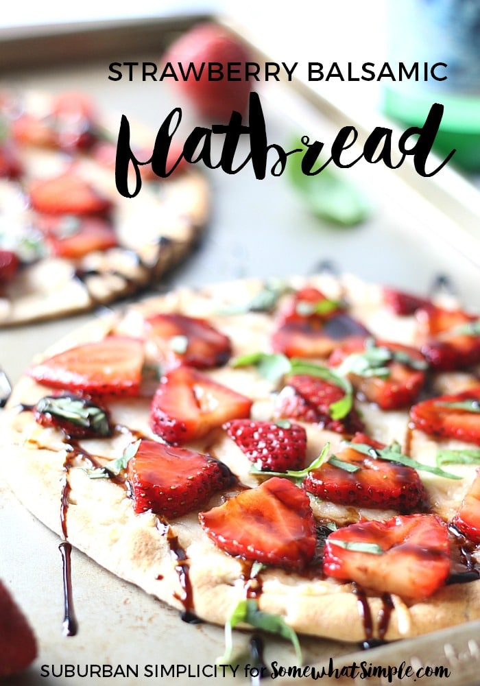 Strawberry Balsamic Flatbread is an easy recipe with lots of sweet and savory flavors. The perfect summer appetizer! #flatbredrecipe #strawberrybalsamic via @somewhatsimple