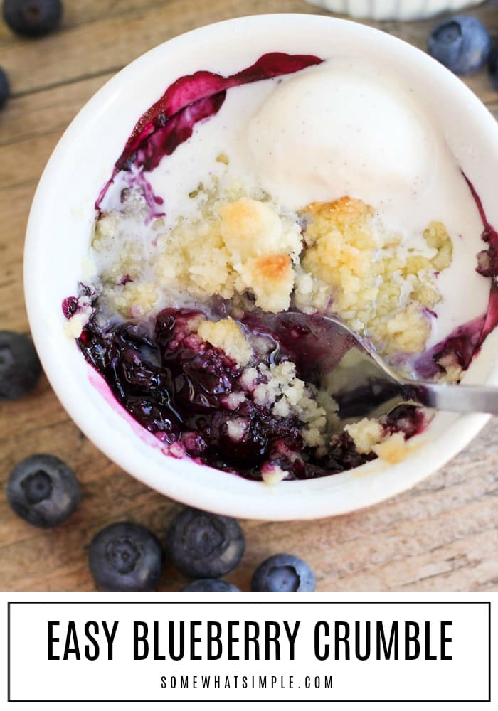 This blueberry crumble is the perfect dessert for summer. It's full of juicy blueberries and topped with a rich buttery streusel, plus it's quick and easy to make! #blueberrycrumble #easyblueberrycrumble #blueberrycrumblerecipe #howtomakeblueberrycrumble #blueberrycrumbledessert via @somewhatsimple