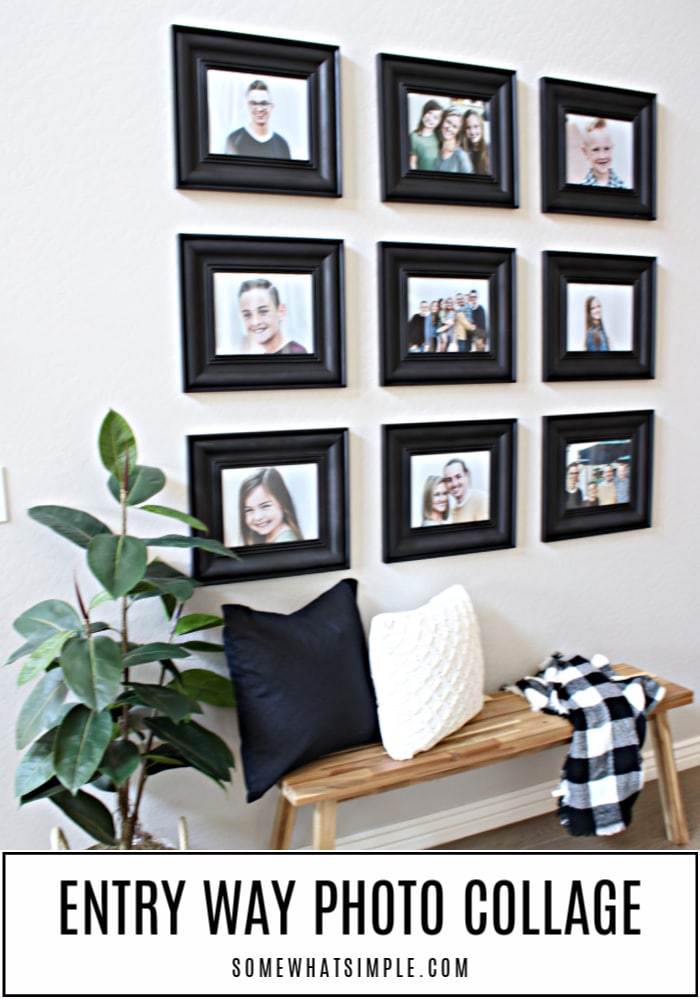 A blank wall in our entry way gets a fresh and affordable makeover using simple decor and a photo collage that really makes a statement! #gallery #wall #collage #decor #frames #pictures #display #walldecor via @somewhatsimple