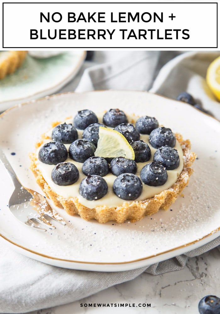 No-bake Lemon and Blueberry Tartlets are deliciously refreshing! Packed with citrus goodness and topped with juicy blueberries, these tablets create one amazing Summer dessert! #desserts #lemon #blueberry #tart #pie #tartlets via @somewhatsimple