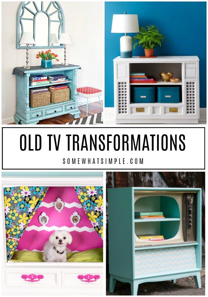 Turn your trash into treasure and upcycle your old TV with these 5 inspiring TV projects! #upcycletvcabinet #upcycletventertainmentcenter #upcycletvstand #upcycletvamoire #howtoupcycleatv via @somewhatsimple