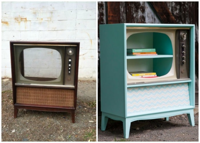 a vintage tv cabinet turned into a bookshelf