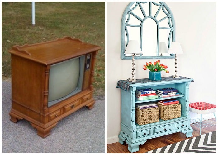 an old brown tv box turned into an end table with books and baskets inside