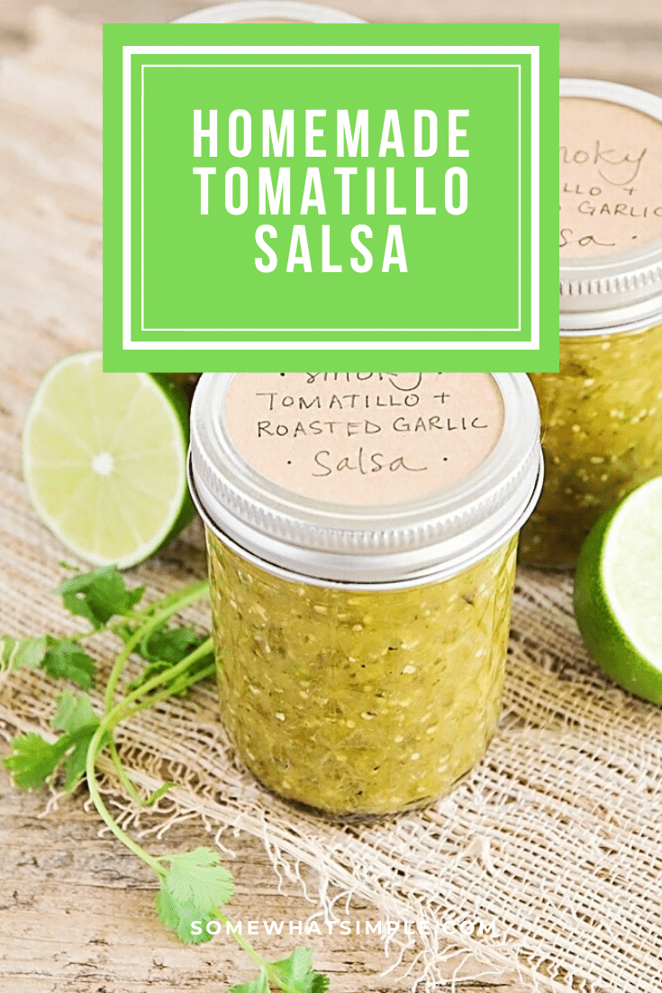 A homemade tomatillo salsa is the perfect accompaniment for your summer grilling recipes. Made with roasted vegetables, it's savory, flavorful, and easy to make! #tomatillosalsa #easysalsarecipe #homemadetomatillosalsa #roastedtomatillosalsa #tomatillosalsaverde via @somewhatsimple