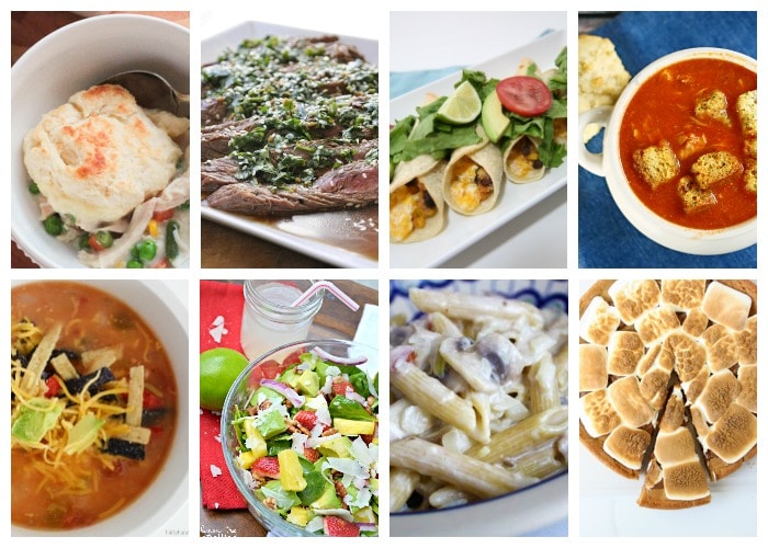 Weekly Meal Plan - We have for you Baked Flautas, Slow Cooker Chicken Tomato Soup, Penne with Cream Sauce, Tropical Spinach Salad, Biscuit Chicken Pot Pie, Slow Cooker White Bean and Chicken Chili, Grilled Marinated Steak, and for dessert S'mores Pazookie. 