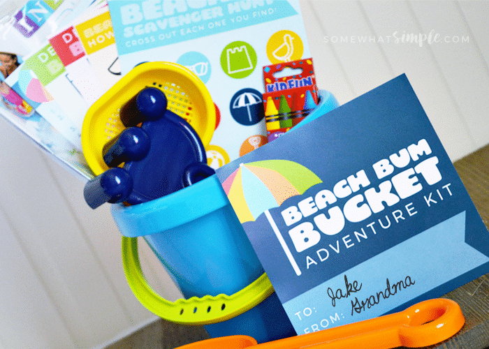 sand toys and beach activities for kids in a beach bucket