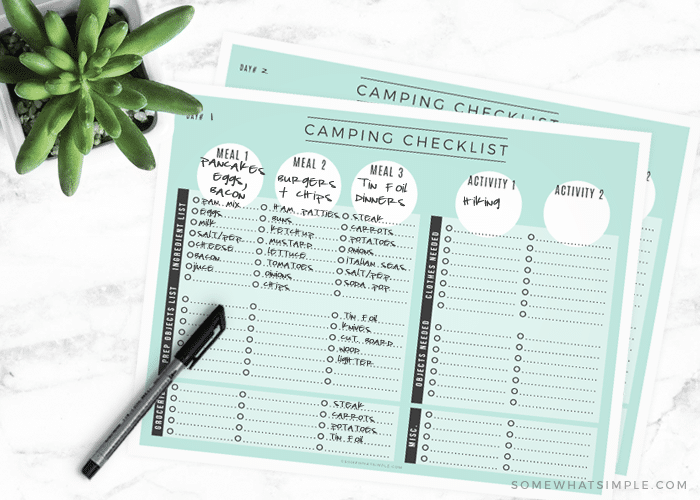 a camping printable checklist that has been partially filled out with essential items you need to bring with you