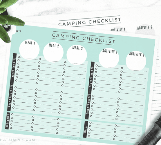 a blank camping checklist where you can write items that you need to bring for food and activities