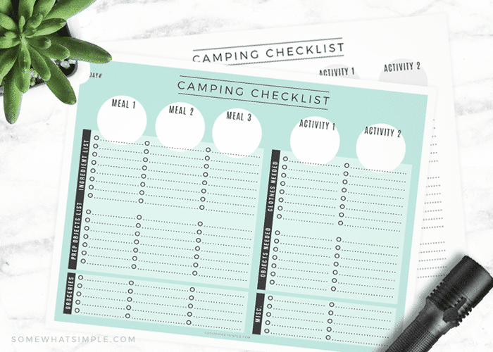 a blank camping checklist where you can write items that you need to bring for food and activities