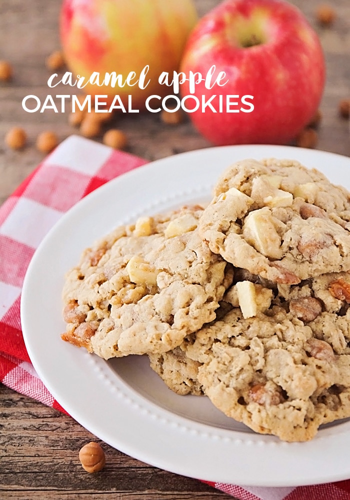 These caramel apple oatmeal cookies are so delicious, and packed with chunks of fresh apple and gooey caramel! These cookies are the perfect recipe for when you want a delicious cookie but also want to try something different. via @somewhatsimple