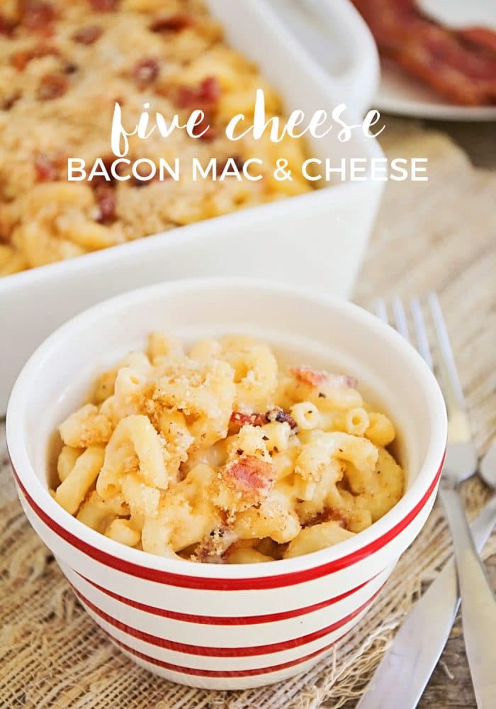 Five cheese bacon mac and cheese is a tasty recipe that is quick and easy to make.  This savory dinner is so cheesy and delicious that it has always been a family favorite! #fivecheesemacaroniandcheese #baconmacandcheese #homemademacandcheese #cheesymacaroniandcheese #easymacandcheese via @somewhatsimple